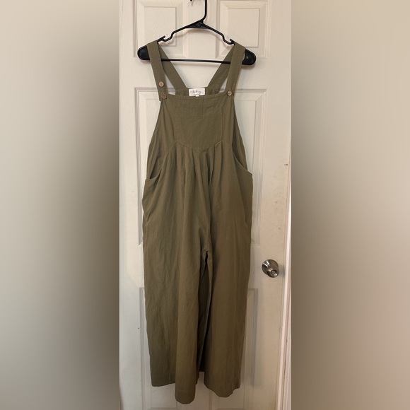 LF February Olive Green Cotton Overalls Wide Leg Bib Jumpsuit Size L Pockets - Picture 8 of 8